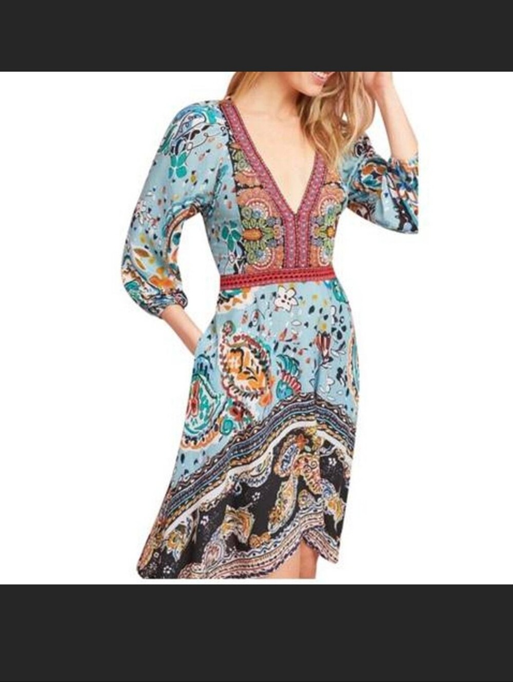 Akemi + Kim Anthropologie Boho Paisley V-Neck Midi Dress in Light Blue
